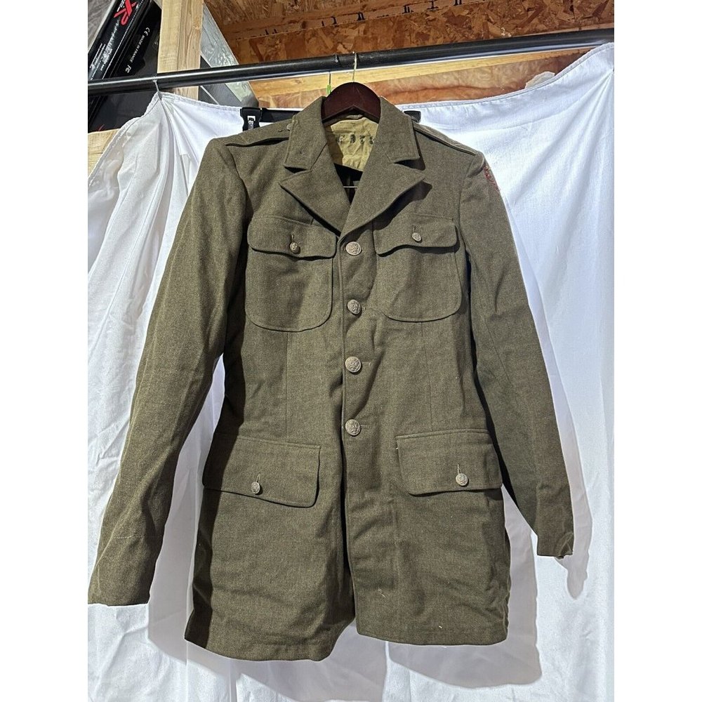 Vtg US Military Army Green Wool Coat Dress Jacket Mens WWII Korean Sz 36XL NAMED